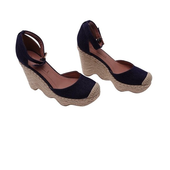 NWOB BCBGMAXAZRIA Abell Espadrille Sandal Sz 38.5 Blue Denim Wedge Ankle Strap - Picture 6 of 14